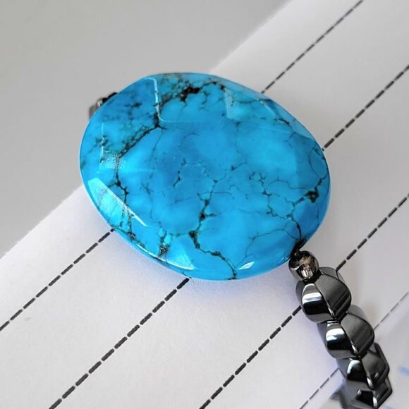 Hematite and Turquoise Gemstone Statement Bracelet - Picture 2 of 4